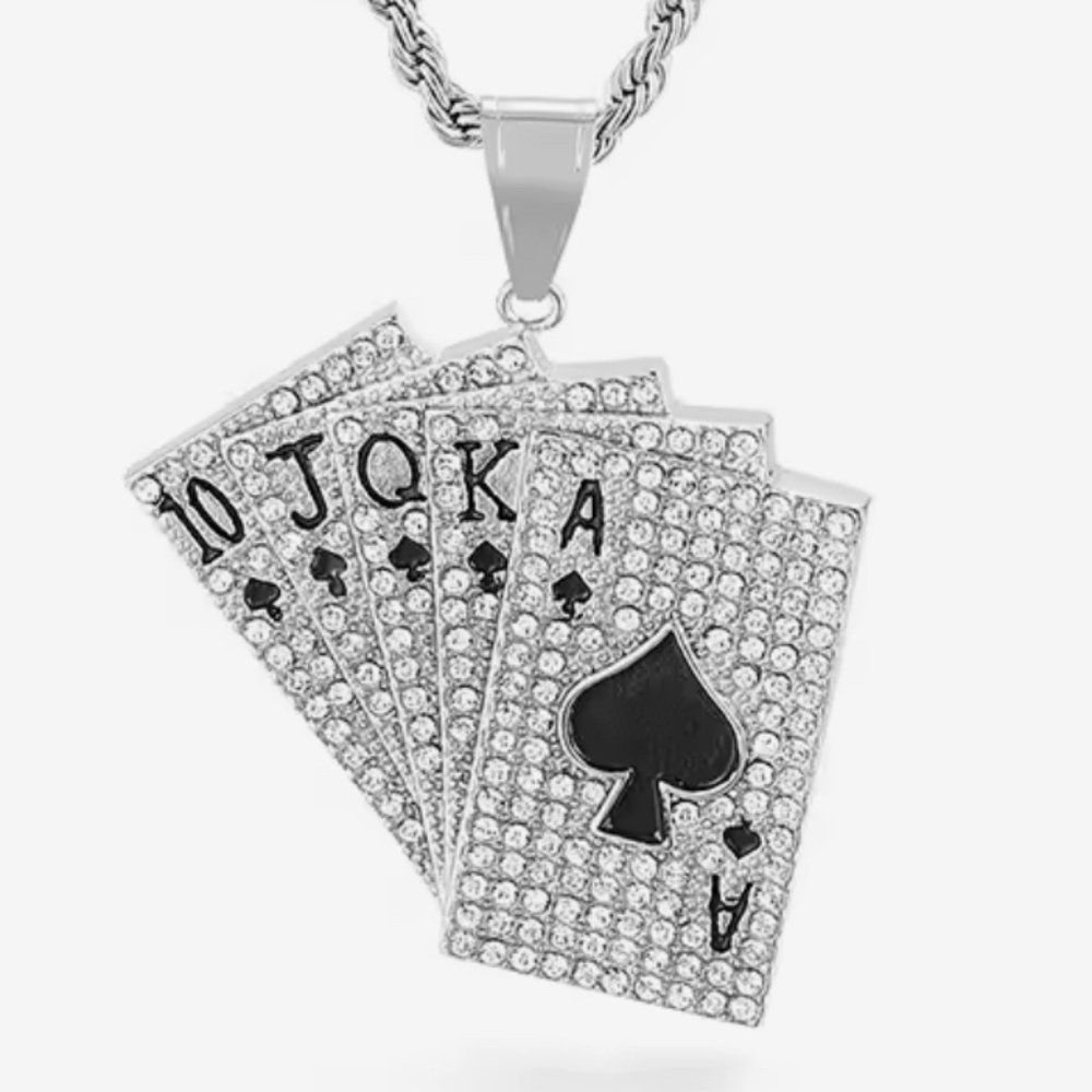 Silver tone iced out 3A CZ big royal flush card pendant chain included